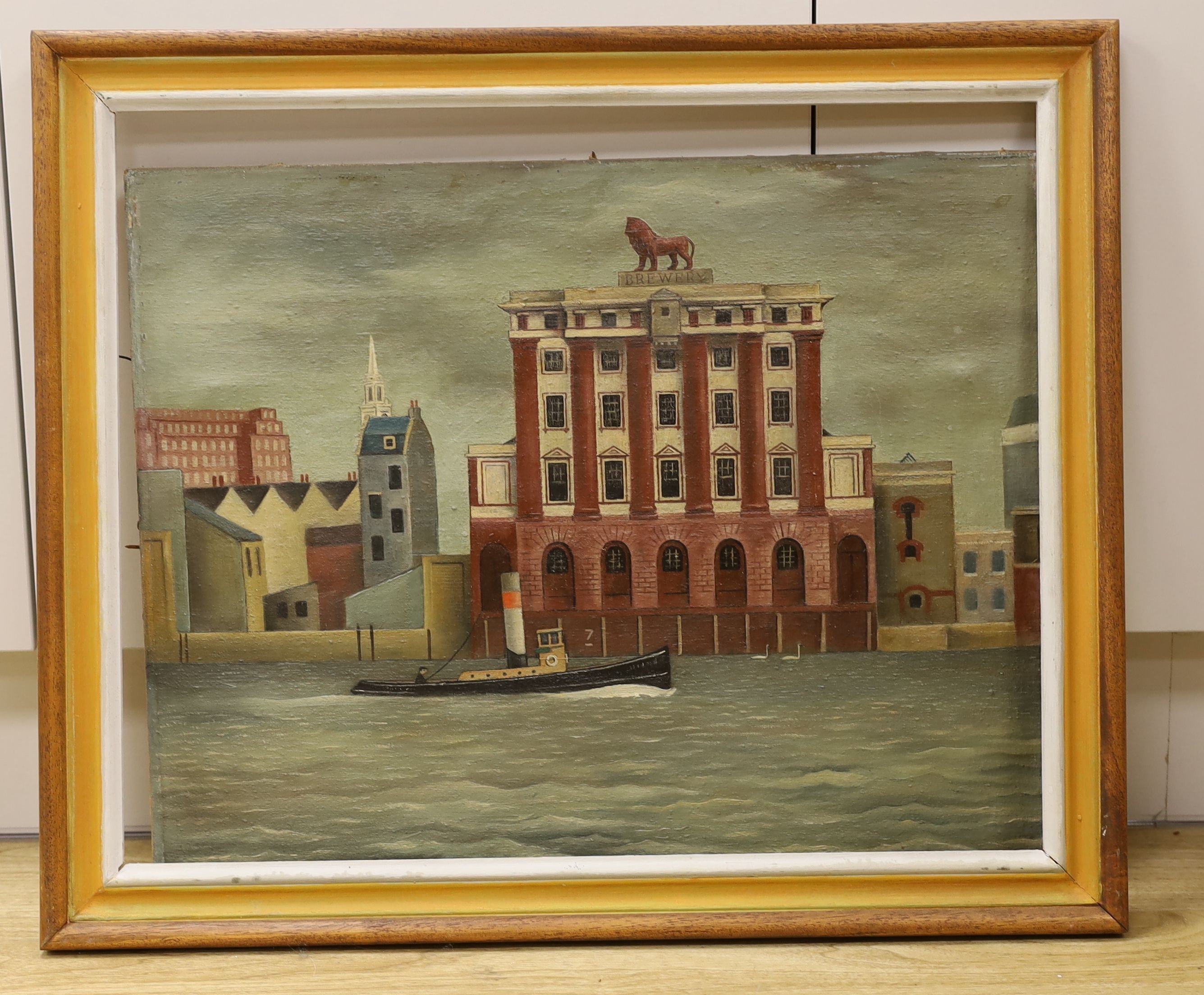 Main 1949, oil on canvas, View of The Old Lion Brewery, Thames South Bank, signed and dated 1949-50, 46 x 56cm